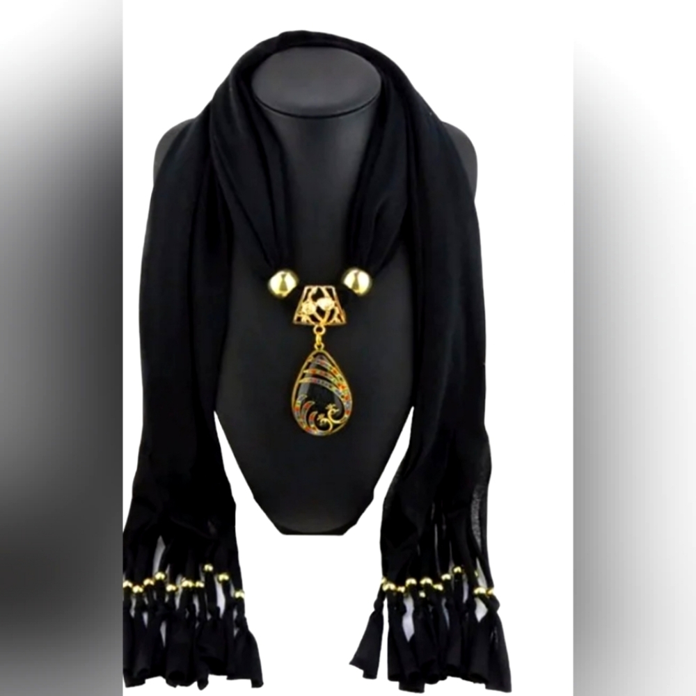 Black Scarf with  Large Teardrop Jewelry  Pendant
